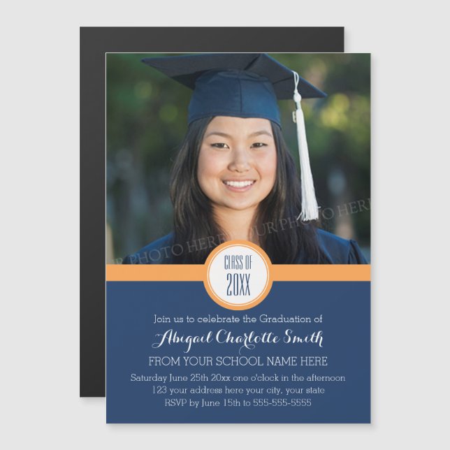 Orange Blue Modern Graduation Party Magnetic Card (Front/Back)