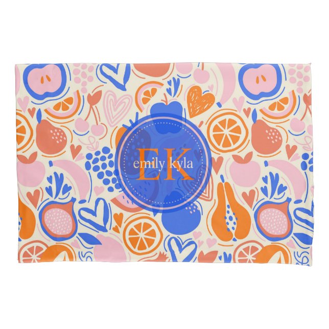 Orange Blue Monogram Fruits Vegetables Pillow Case (Front)
