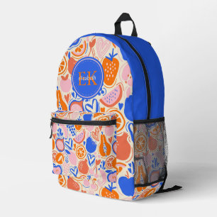 Orange Blue Monogram Fruits Vegetables Printed Backpack