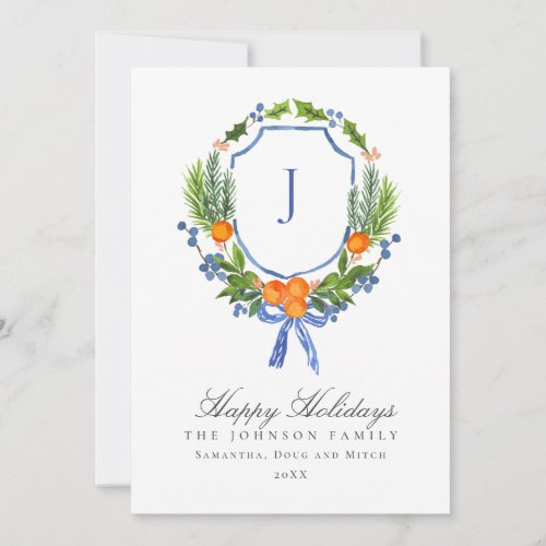 Orange Blue Monogram Winter Crest Christmas Holiday Card