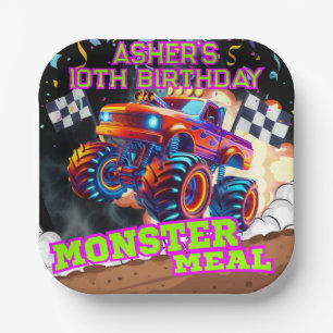 Orange Blue Monster Big Truck Birthday Square Paper Plates