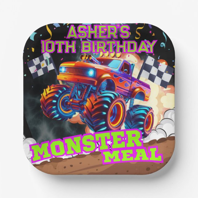 Orange Blue Monster Big Truck Birthday Square Paper Plates (Front)