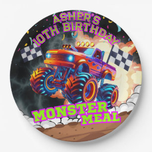 Orange & Blue Monster Truck Kids Off-Road Birthday Paper Plates