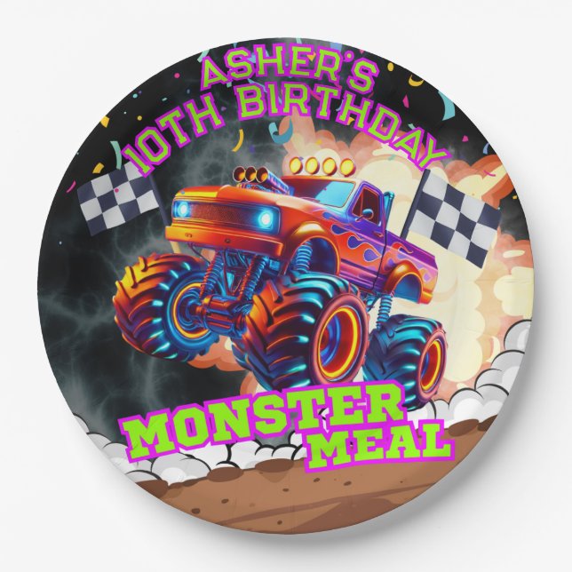 Orange & Blue Monster Truck Kids Off-Road Birthday Paper Plates (Front)