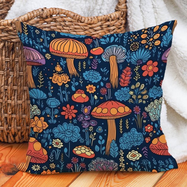 Orange Blue Mushrooms Vintage Botanical  Throw Pillow (Orange mushrooms on navy blue decorator pillow)