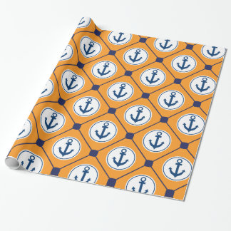 Orange Blue Nautical Anchor Pattern Wrapping Paper