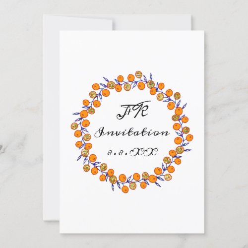 Orange Blue Navy White Wreath Gold Wedding  Invitation