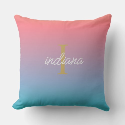 Orange Blue Ombre Hand_Lettered Script Name Outdoor Pillow