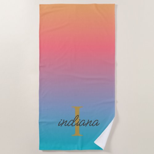 Orange Blue Ombre Modern Monogram Script Beach Towel