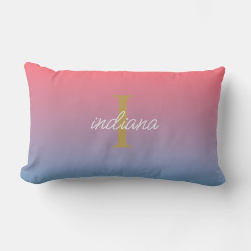 Orange Blue Ombre Modern Monogram Script Name Lumbar Pillow