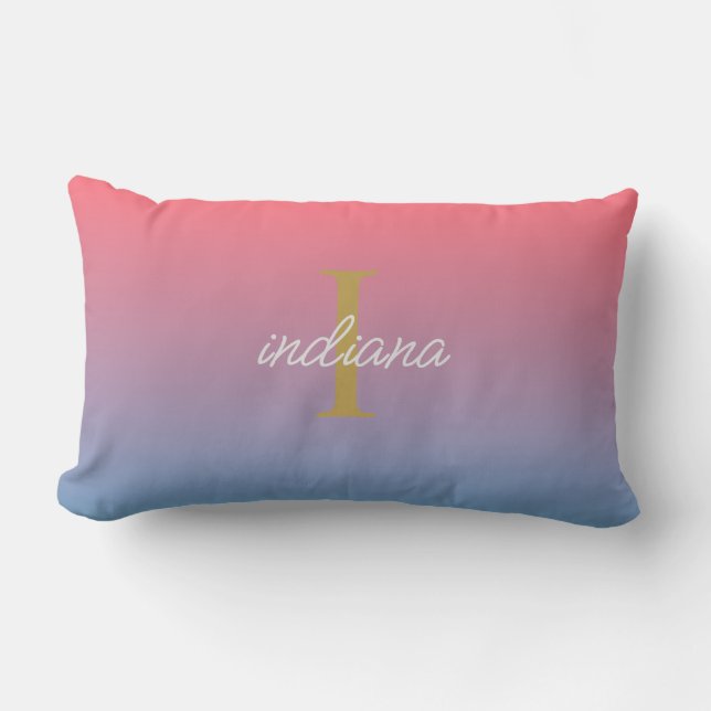 Orange Blue Ombre Modern Monogram Script Name Lumbar Pillow (Front)