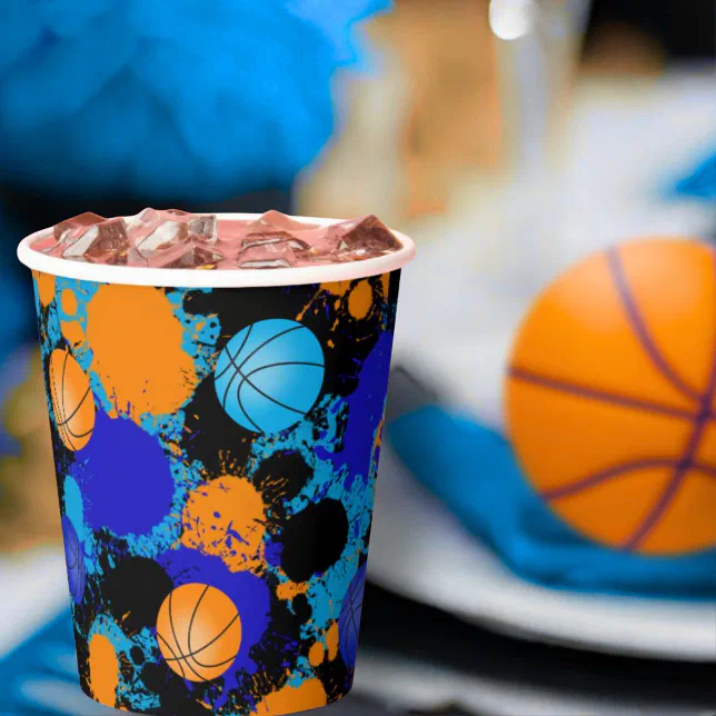 Orange & Blue Paint Splatter Basketball Birthday Paper Cups
