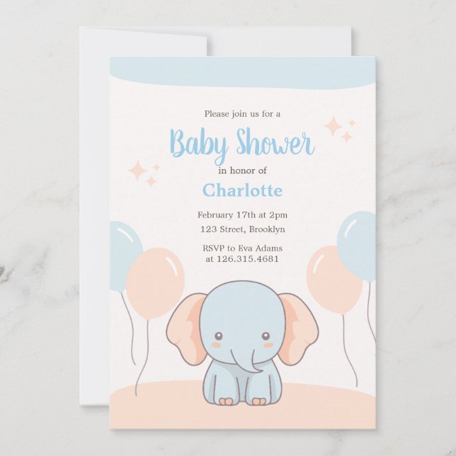 Orange Blue Pastel Simple Elephant Baby Shower Invitation (Front)