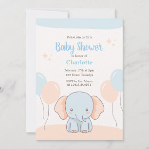 Orange Blue Pastel Simple Elephant Baby Shower Invitation