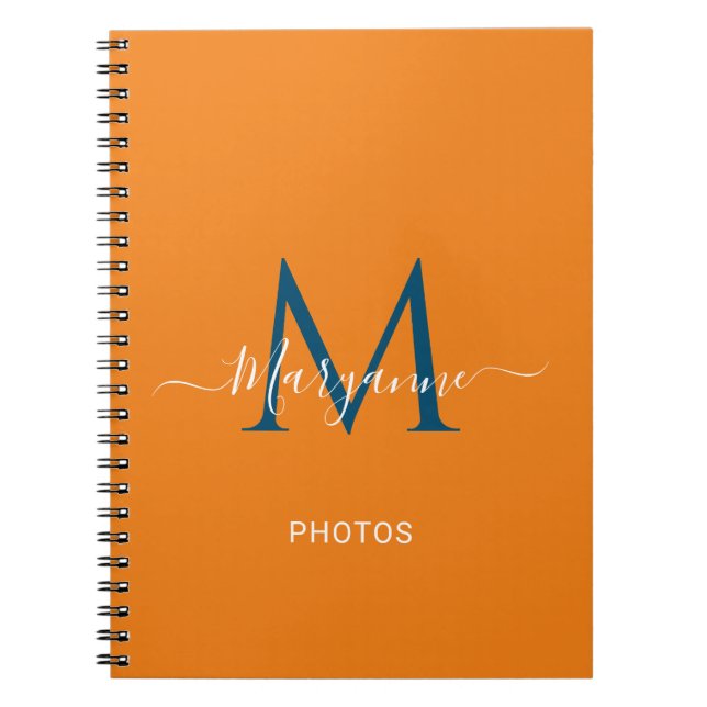 Orange & Blue Personalized Monogram Blue Photos Notebook (Front)