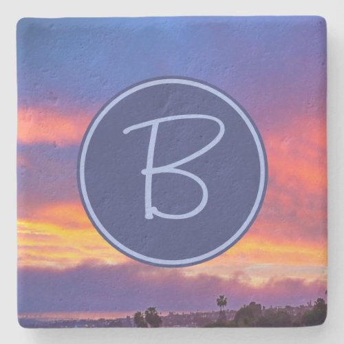 Orange Blue Pink Clouds Sunset Monogram Initial Stone Coaster