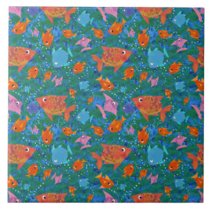 Orange, Blue, Pink Colourful Fun Fish in the Sea Ceramic Tile