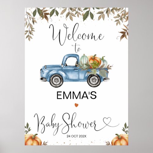 Orange Blue Pumpkin Truck Baby Shower Welcome Sign