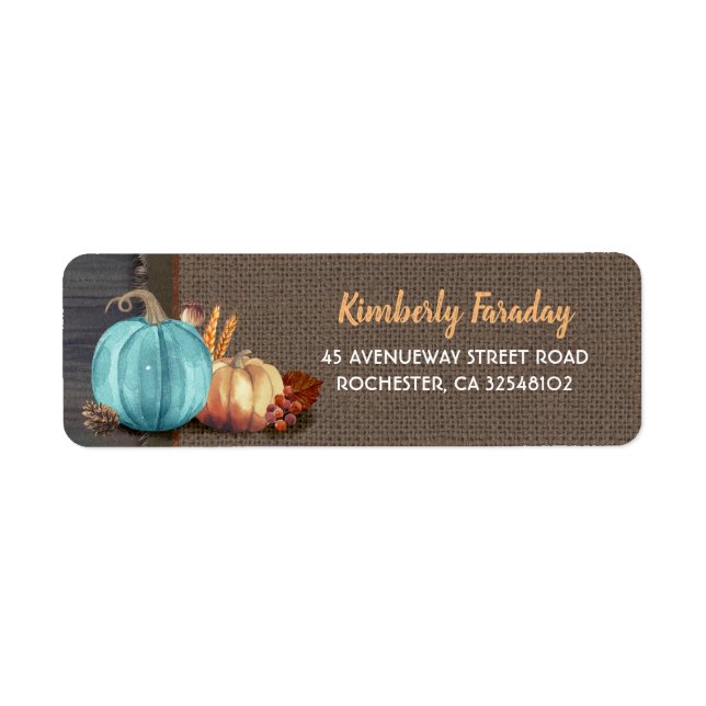 Orange Blue Pumpkins Rustic Fall Party Label (Front)