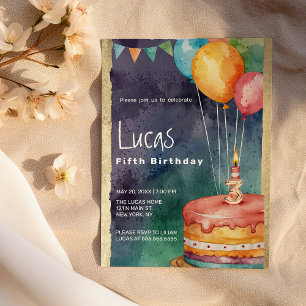 Orange blue purple cake balloons 5th Birthday Invitation