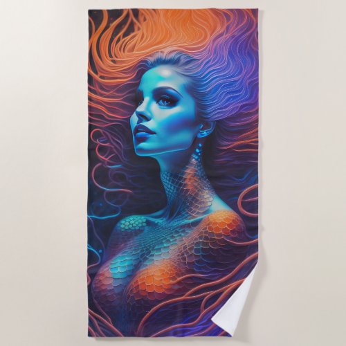 Orange Blue Purple Mermaid Beach Towel