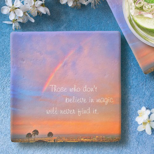 Orange Blue Rainbow Sunset Photo Believe in Magic Stone Coaster