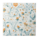 Orange blue retro floral pattern ceramic tile<br><div class="desc">White background.  Decorated with orange florals and blue foliage,  retro folkart style</div>