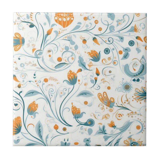 Orange blue retro floral pattern ceramic tile (Front)
