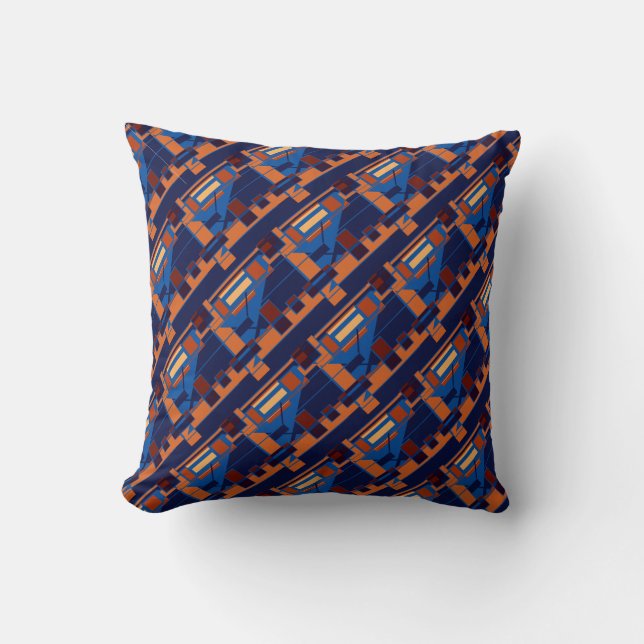 Orange Blue Rust Navy Diagonal Rows Art Design Throw Pillow (Front)