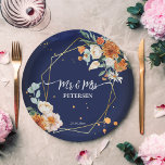 Orange blue sage flowers navy blue custom name  paper plates<br><div class="desc">Orange and white roses sage eucalyptus greenery navy blue background gold geometrical frame floral Mr & Mrs personalized name wedding paper plates.</div>