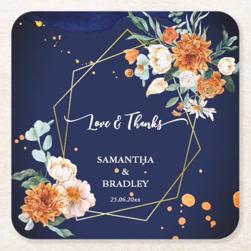 Orange blue sage flowers navy blue custom name square paper coaster