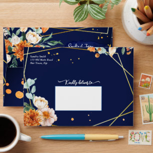 Orange blue sage flowers navy blue matching 5x7  envelope