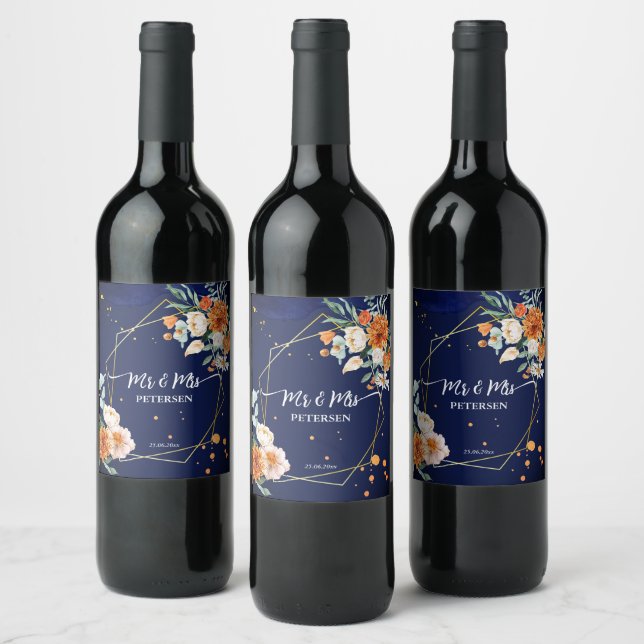 Orange blue sage flowers navy blue personalized wine label (Bottles)