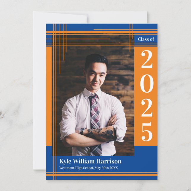 Orange Blue School Color Graduation Photo Plaid Invitation (Front)