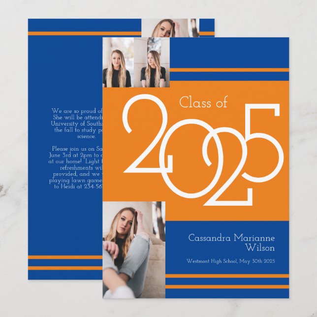 Orange Blue School Colors Graduation Announcement (Front/Back)