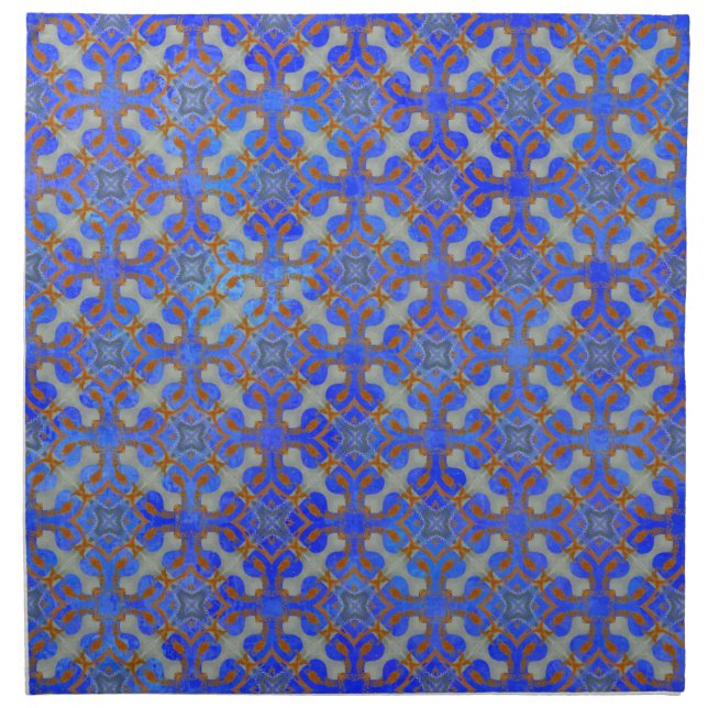 Orange, Blue Scrolled Diamond Pattern Cloth Napkin (Front)