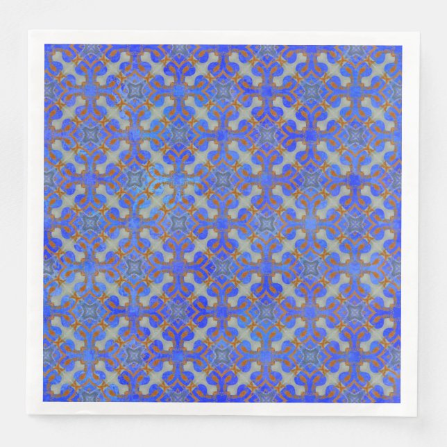 Orange, Blue Scrolled Diamond Pattern Paper Dinner Napkins (Front)