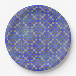 Orange, Blue Scrolled Diamond Pattern Paper Plates