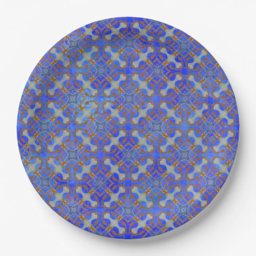 Orange Blue Scrolled Diamond Pattern Paper Plates