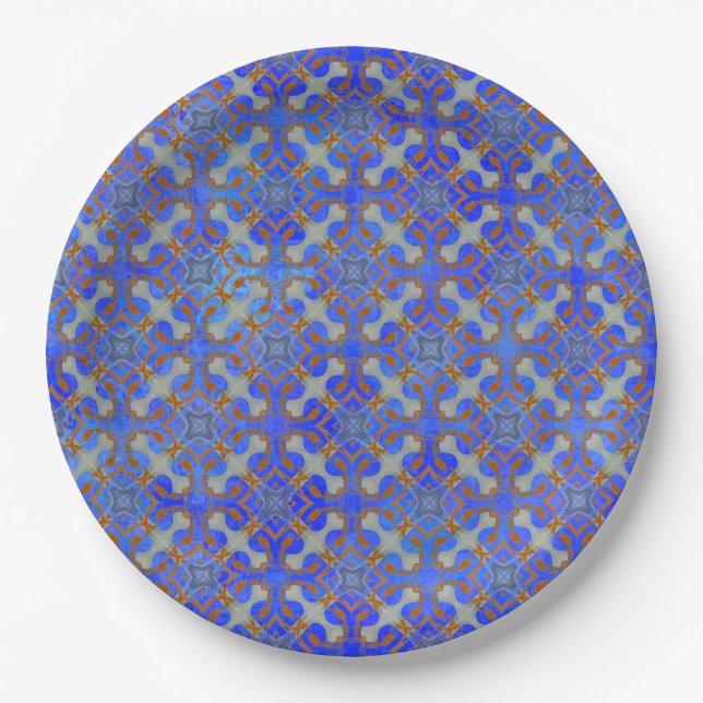 Orange, Blue Scrolled Diamond Pattern Paper Plates (Front)