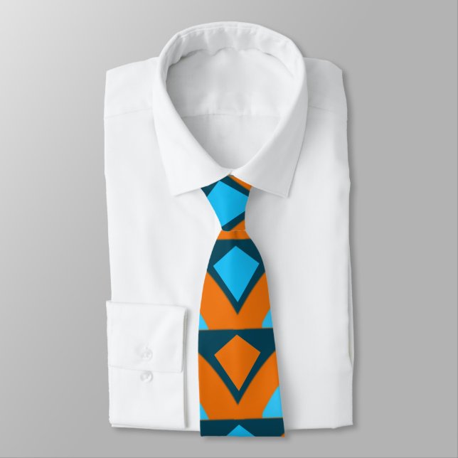 Orange Blue Semi Circle Diamond Geometric Pattern Neck Tie (Tied)