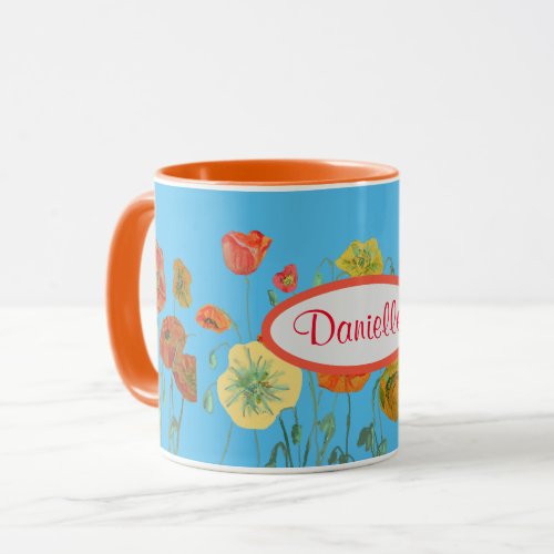 Orange Blue Shabby Poppy Poppies Watercolor Mug