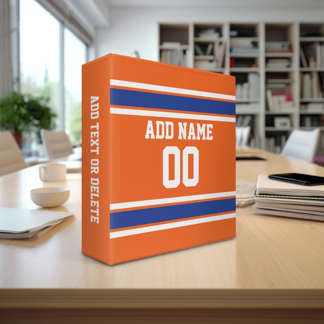Orange Blue Sports Jersey with Name and Number Binder (Personalized 3-ring binder - sports theme with area for name and custom text)
