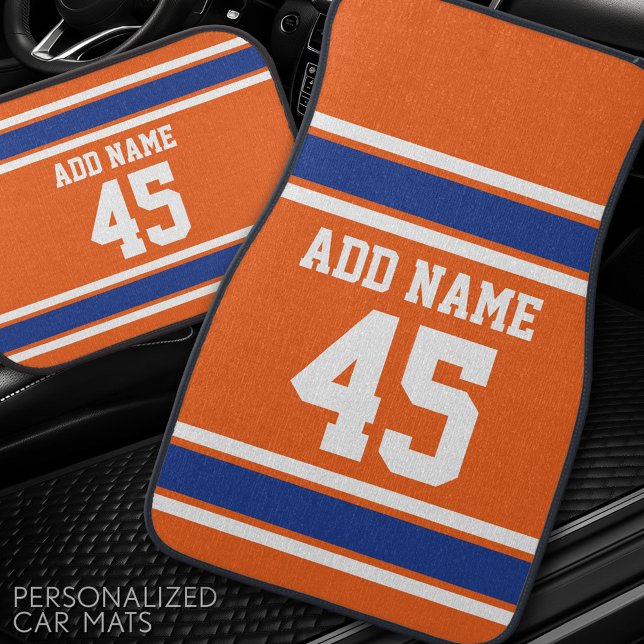 Orange Blue Sports Jersey with Name and Number Car Mat (Personalized Car Mats)
