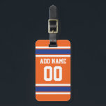 Orange Blue Sports Jersey with Name and Number Luggage Tag<br><div class="desc">Royal Blue Stripes are perfect for the man cave. If you are a Fantasy Football team owner,  make your own products and show off to your friends! Or - Do you play High School Football and want a memento? This jersey design is perfect for anyone playing sports.</div>