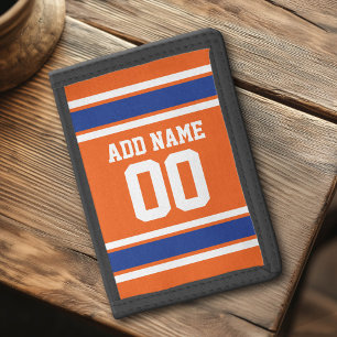 Orange Blue Sports Jersey with Name and Number Tri-fold Wallet