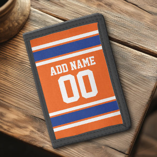 Orange Blue Sports Jersey with Name and Number Trifold Wallet