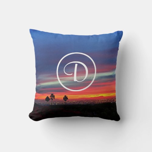 Orange blue sunset coastal photo custom monogram throw pillow