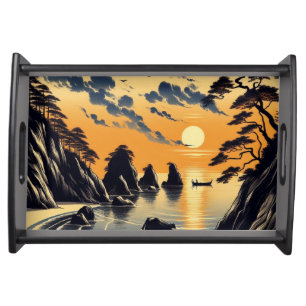 Orange Blue Sunset Japanese Ink Style Beach Art Serving Tray