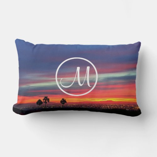 Orange blue sunset landscape photo custom monogram lumbar pillow